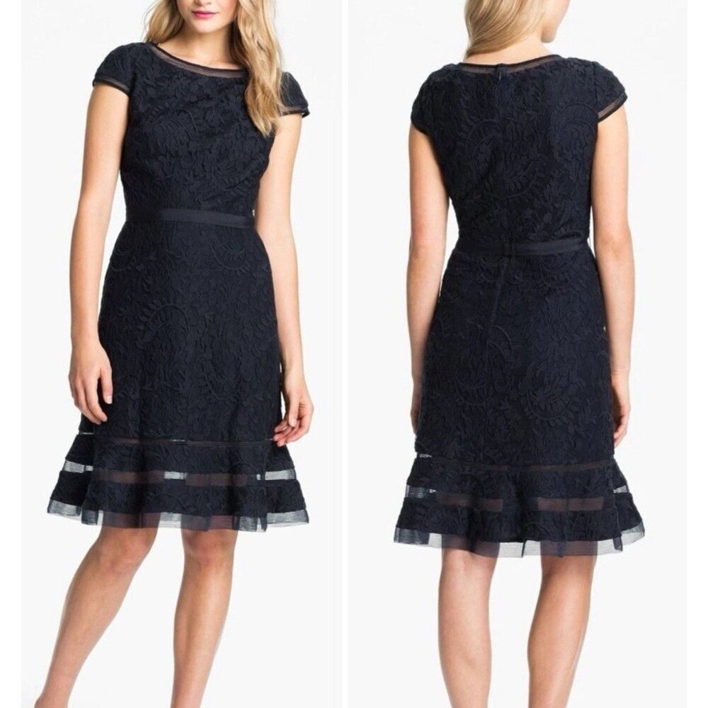 Adrianna Papell Lace Fit & Flare Dress Navy Blue women tie lance luxury size 6 - Picture 2 of 12